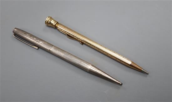 A 9ct gold cased pencil and a silver Yard-O-Lead pen.